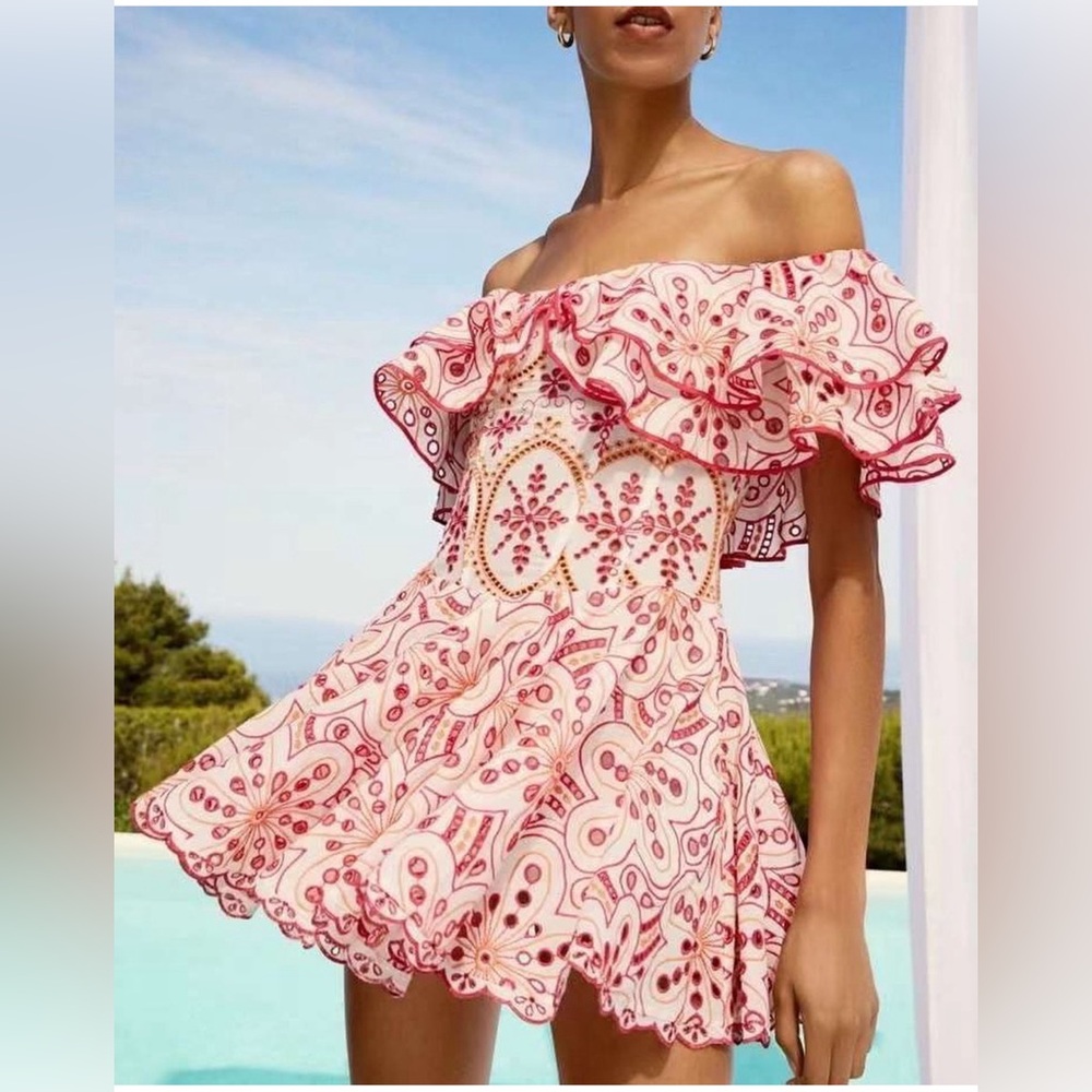 Charo Ruiz Pink and White Off-Shoulder Ruffled Embroidered Mini Dress